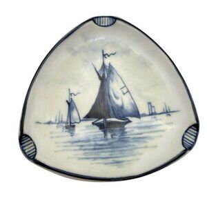 Vintage German Blue White MCM Ceramic Triangular Ashtray Sailboats Hand Painted